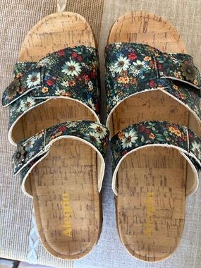 Alegria Floral Cork Slide Sandals in Green and Multicolor